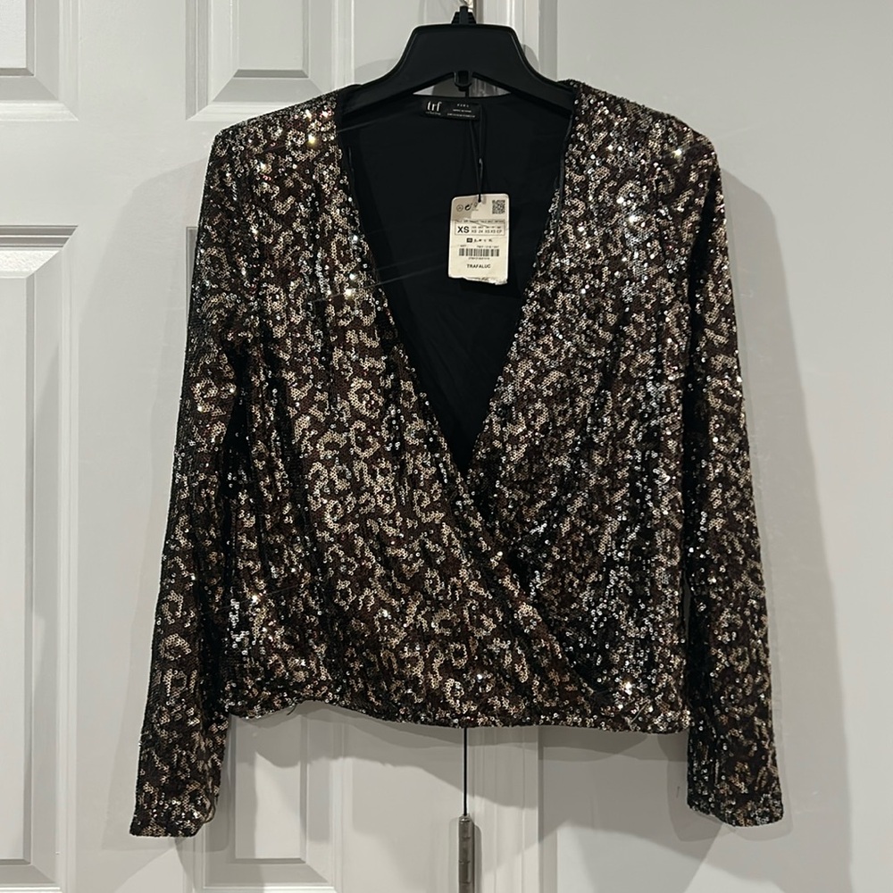 NWT Zara sequin long sleeve animal print blouse